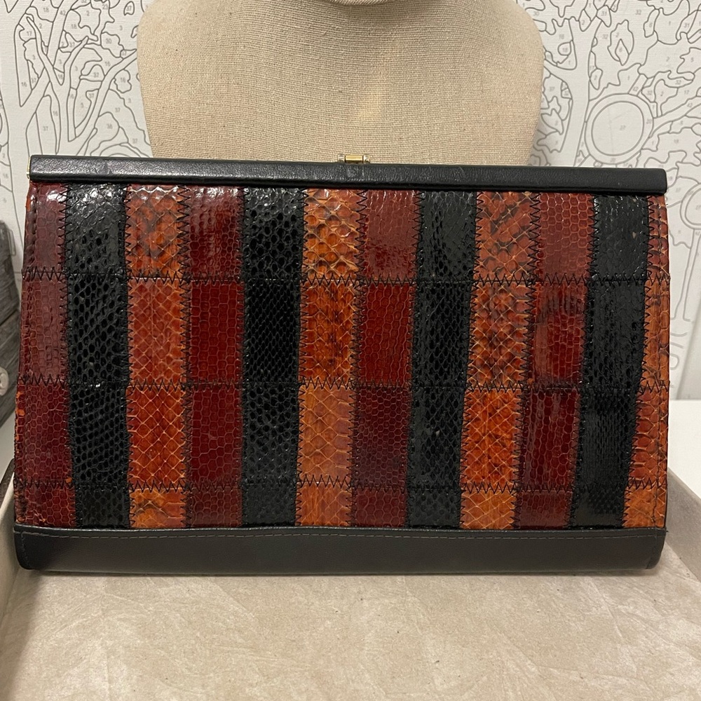 1970s Vintage Patchwork Reptile Snakeskin Clutch Bag • England